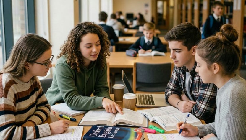 Four students studying together with books and laptops at a library table